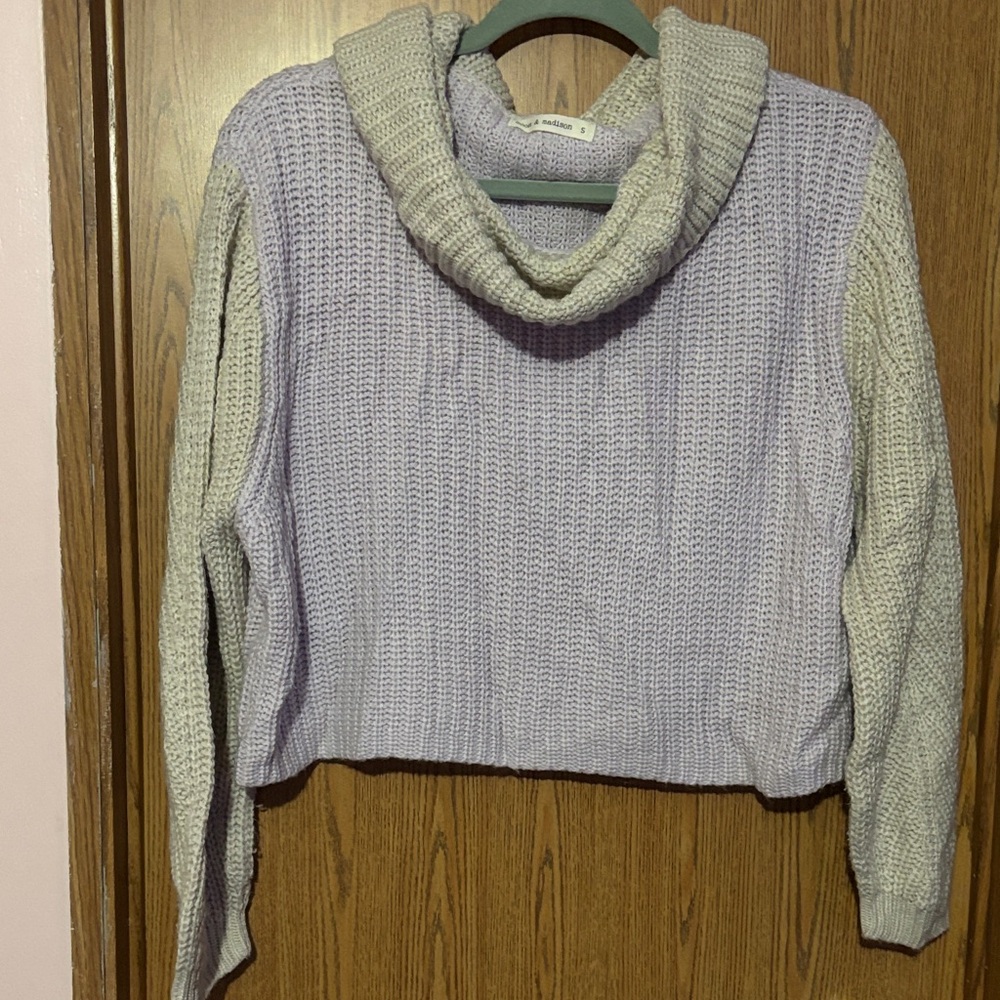moon & madison Lavender and Cream Cowl Neck Sweater